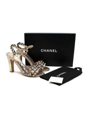 Chanel Metallic Gold Camellia Embellished Heeled Sandals