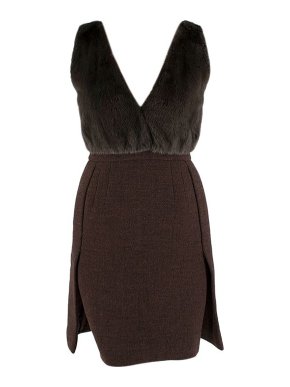 Prada brown tweed & mink plunge front dress