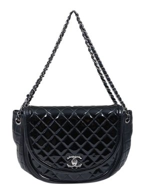 Chanel black patent quilted half moon bag