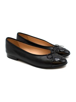 Chanel black leather & patent CC toe cap ballerinas
