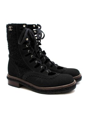 Chanel Tweed & Suede Cut-Out Lace-Up Boots