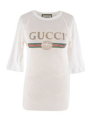 Gucci Logo Print White Perforated T-Shirt