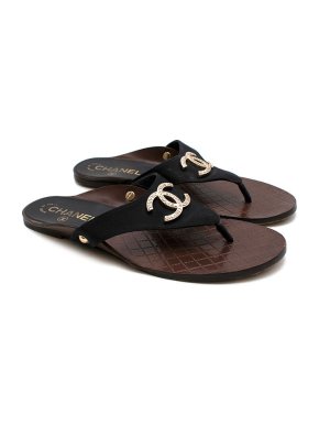 Chanel vintage black grosgrain CC thong sandals