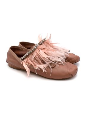 Miu Miu Pink feather-trimmed ballerina shoes