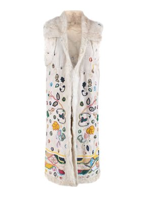 Voyage Passion Vintage Cream Rabbit Fur Trimmed Embroidered Longline Vest