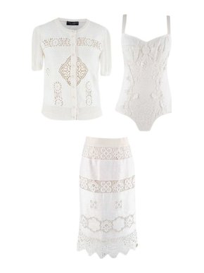 Dolce & Gabbana White Cotton Lace Crochet Corset, Cardigan & Skirt