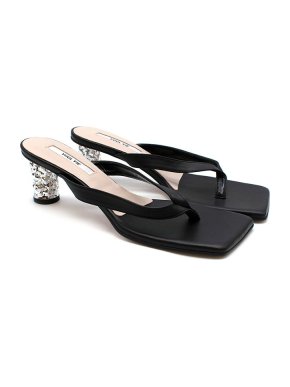 Yuul Yie black leather thong sandals with silver-tone block heel
