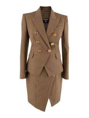 Balmain Khaki Wool Double Breasted Blazer & Skirt