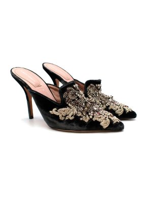 Alberta Ferretti Crystal Embellished Grey Velvet Mules