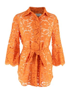 Valentino Garavani Orange Sheer Lace Shirt