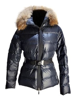 Moncler blue glossy nylon down filled fox trimmed Angers jacket
