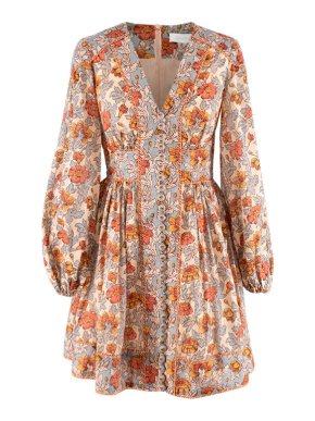 Zimmermann Andie Orange & Blue Floral Print Button Down Mini Dress