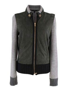Gucci Suede Panelled Grey Ribbed Knit Jacket