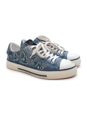 Valentino Garavani Butterfly Embroidered Pale Blue Denim Trainers
