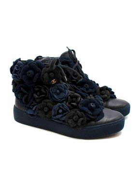 Chanel Black & blue Camellia embroidered high top trainers