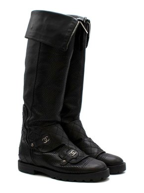 Chanel black perforated leather long biker boots