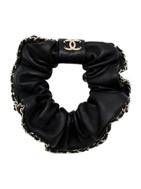 Chanel Black leather & gold-tone chain trim scrunchie