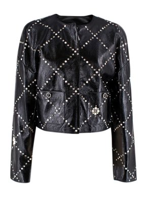 Chanel Faux Pearl & Crystal Embellished Black Leather Jacket