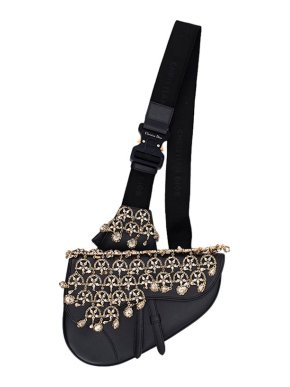 Dior Limited Edition Crystal Embellished Black Leather Saddle Bag