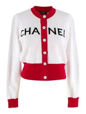 Chanel White & Red Cotton Logo Cardigan