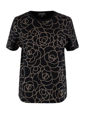 Chanel Gold Glitter Camellia Black T-Shirt