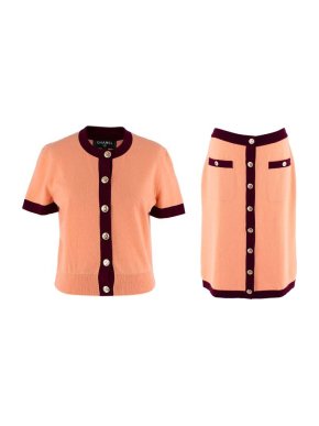 Chanel Coral Cashmere Knit Cardigan & Skirt
