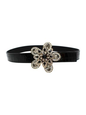 Valentino Garavani Flower Embellished Black Leather Belt - 85