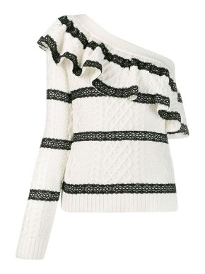 Self Portrait Cream & Black Ruffle One Shoulder Top