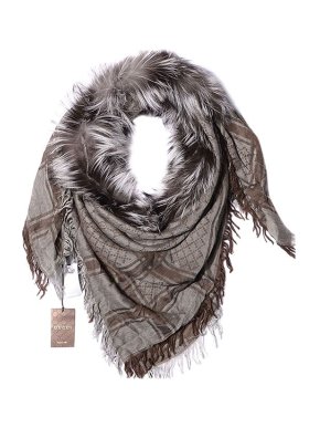 Gucci GG diamond wool shawl with fur trim