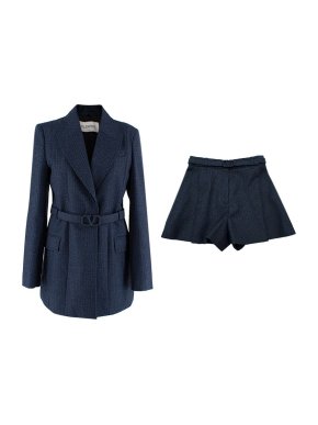 Valentino Garavani Navy Wool Woven Check Belted Blazer & Short Set