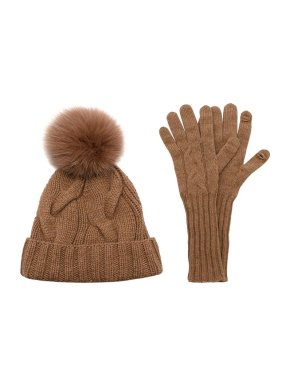 Loro Piana Sand Baby Cashmere Beanie & Glove Set with Fox Fur Bobble