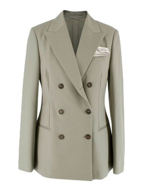 Brunello Cucinelli Pale Green Double-Breasted Wool Blazer with Pocket Square