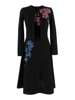 Black Floral Cross Stitch A-Line Dress & Cardigan Set