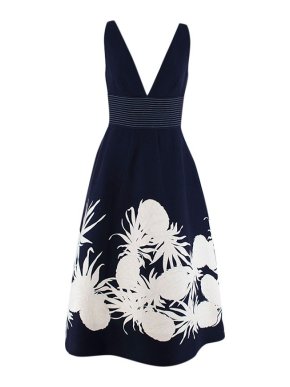 Oscar de la Renta Navy A-Line Wool & Silk Dress with Cream Pineapple Print