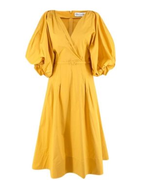 Oscar de la Renta Mustard Yellow Puff Sleeve Cotton Midi Dress