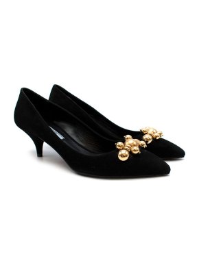 Prada Black Suede Kitten Heels with Metallic Gold Toe Detail