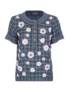 Chanel navy plaid silk-cotton embellished blouse
