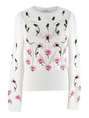 Valentino Garavani Ivory Floral Embroidered Cable Knit Cotton Sweater