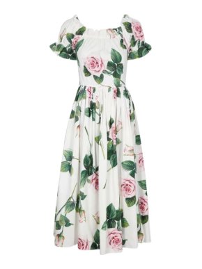 Dolce & Gabbana tropical rose cotton poplin off-shoulder dress