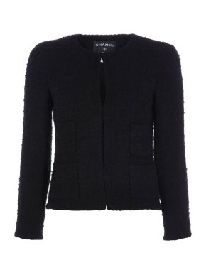 Chanel black boucle tweed collarless jacket