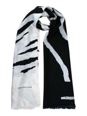 Balenciaga Brush Print Black and White Silk Scarf
