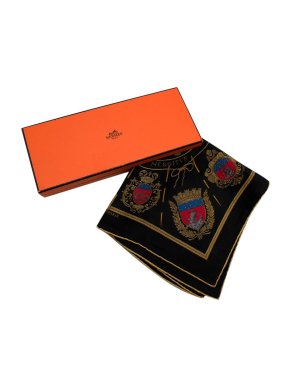 Hermes black Armes de Paris silk twill square scarf 45