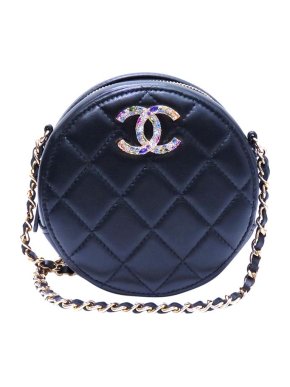 Chanel blue metallic leather quilted crystal CC round bag
