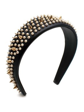 Dior Leather Headband with Faux Pearls & Gold Studs