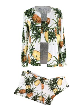 Oscar de la Renta Pineapple Print White Knit and Cotton Three Piece Set