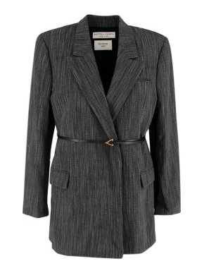 Bottega Veneta Woven Wool Blend Grey Belted Longline Blazer