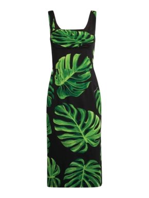 Dolce & Gabbana Black Banana Leaf Print Midi Dress