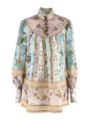 Zimmermann Floral Print & Gold Embellished Linen & Silk Blouse