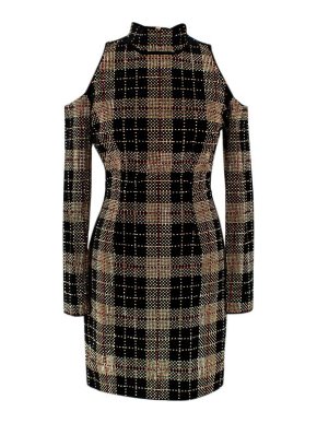 Balmain Black Velvet Embellished Check Cold-Shoulder Dress