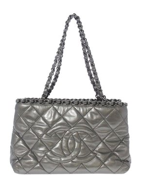 Chanel gunmetal aged leather quilted small Chain Me tote bag